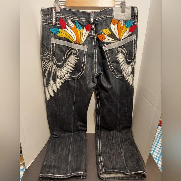 Imperious Delf Trading Black Embroidered Jeans Goth Skate Baggy Wings 38x34 Edgy